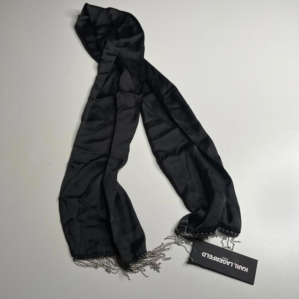 Karl Lagerfeld Paris Black‎ Satin Scarf Chain Fringe Trim NWT Elegant Wrap